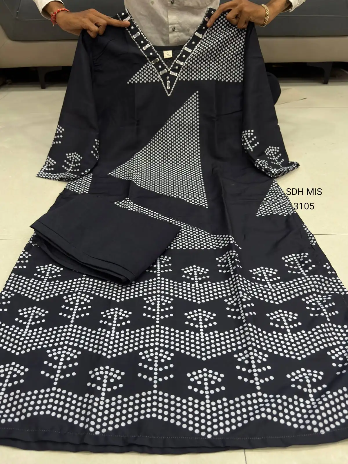 Olive Green Cotton Blend Three Piece Suit Set with White Floral Embroidery